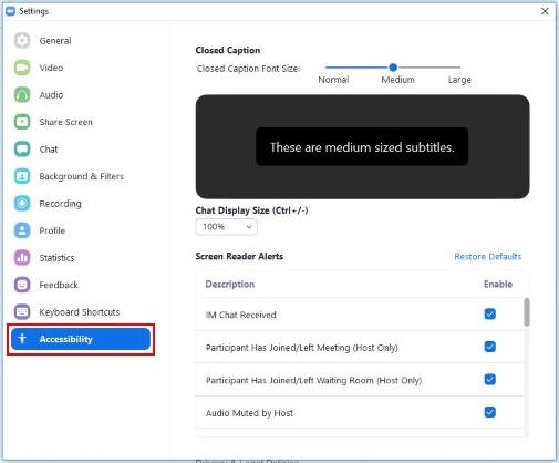En skärmbild av tillgänglighetsinställningar i Zoom